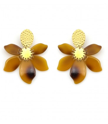 Oorclips met bruine bloem bladeren en goudkleurige details