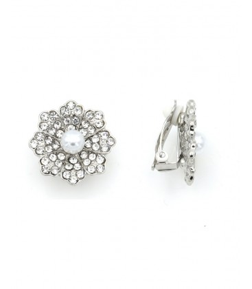 Oorclips zilverkleurig met strass steentjes en parel in het midden