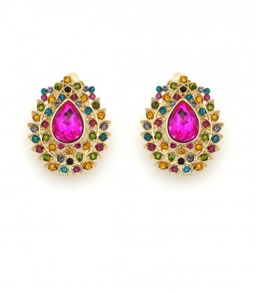 Oorclips met fuchsia druppelsteen en kleurrijke strass stenen